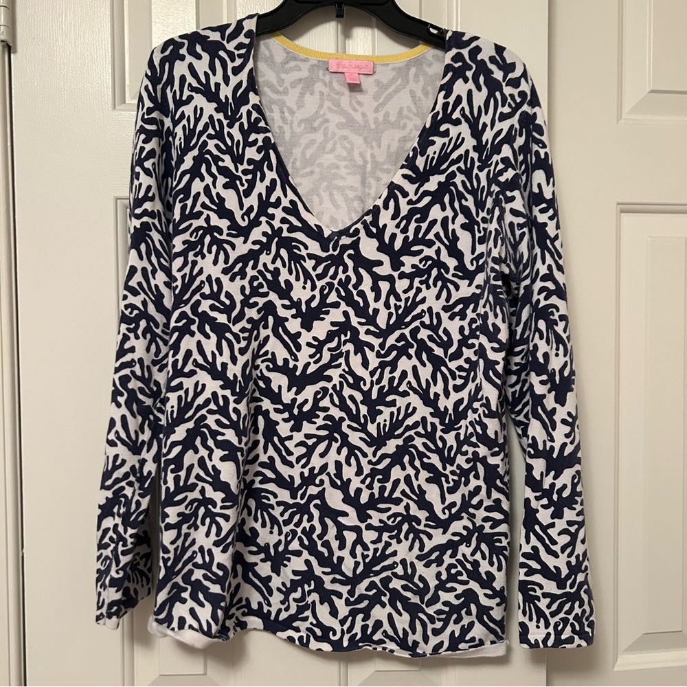 Lilly Pulitzer Adelaide V-neck Sweater Bright Navy Treasure Coral Women Size XL